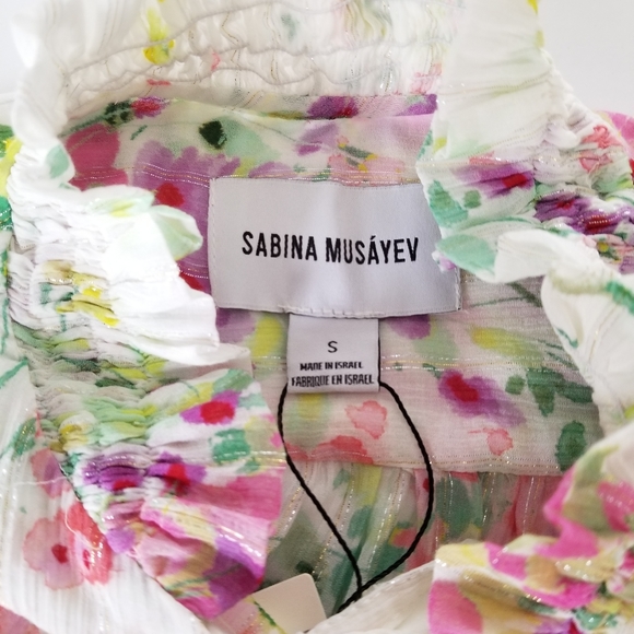 Sabina Musayev Floral Puff Sleeve Tie Top Size S White Multicolor - Picture 8 of 11